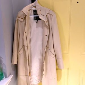 Knee length wool coat with hood, zip front with snaps